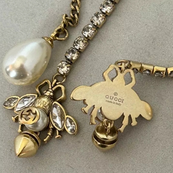 Gucci Gold-tone Metal Earrings Bee W/White Crystals and Pearl Drop 4" Long/New - Picture 5 of 6